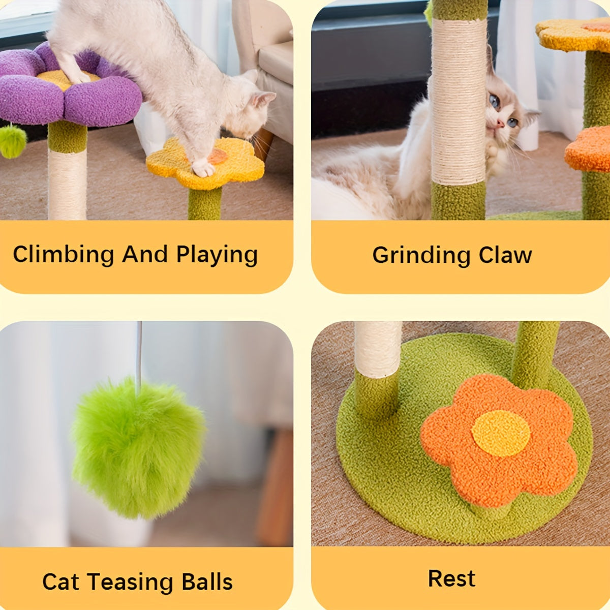 Cat playing on a climbing and scratching post with labeled functions like climbing, grinding claws, cat teasing balls, and resting.