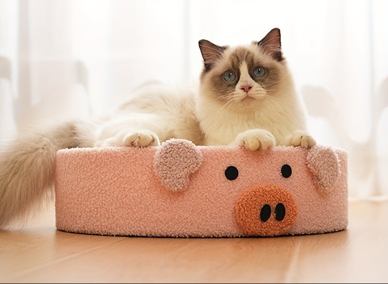 Cat lying on a pink pet bed with a pig design.