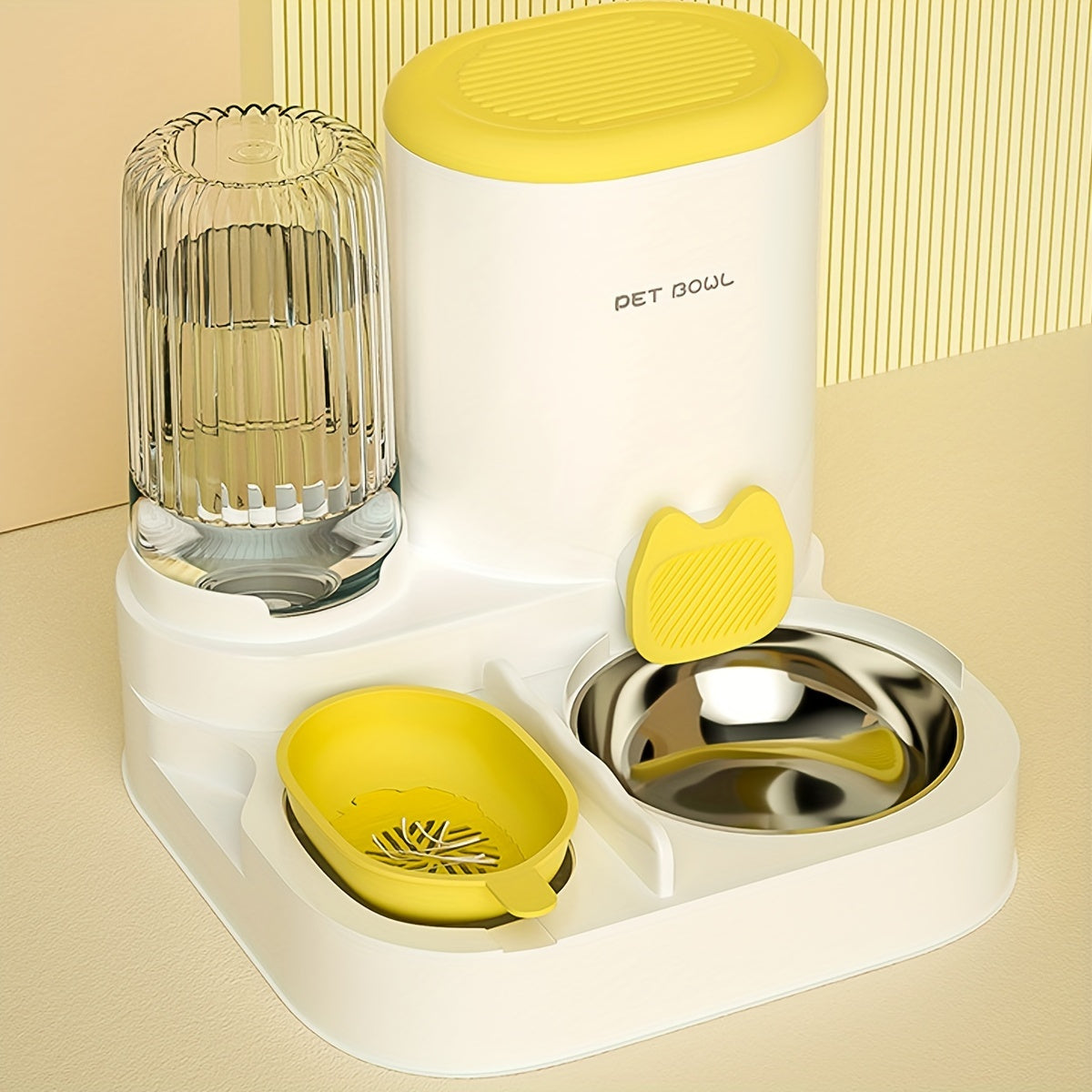 Pet bowl and water dispenser with yellow accents on a beige background