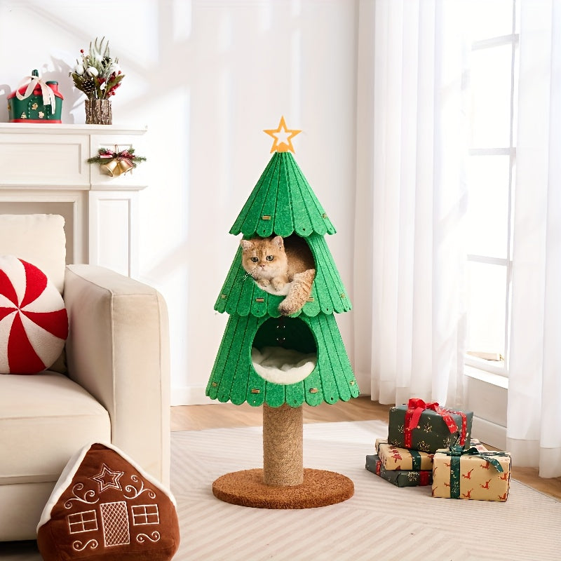 Green cat tree shaped like a Christmas tree with a cat peeking out, in a living room setting.