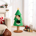 Green cat tree shaped like a Christmas tree with a cat peeking out, in a living room setting.