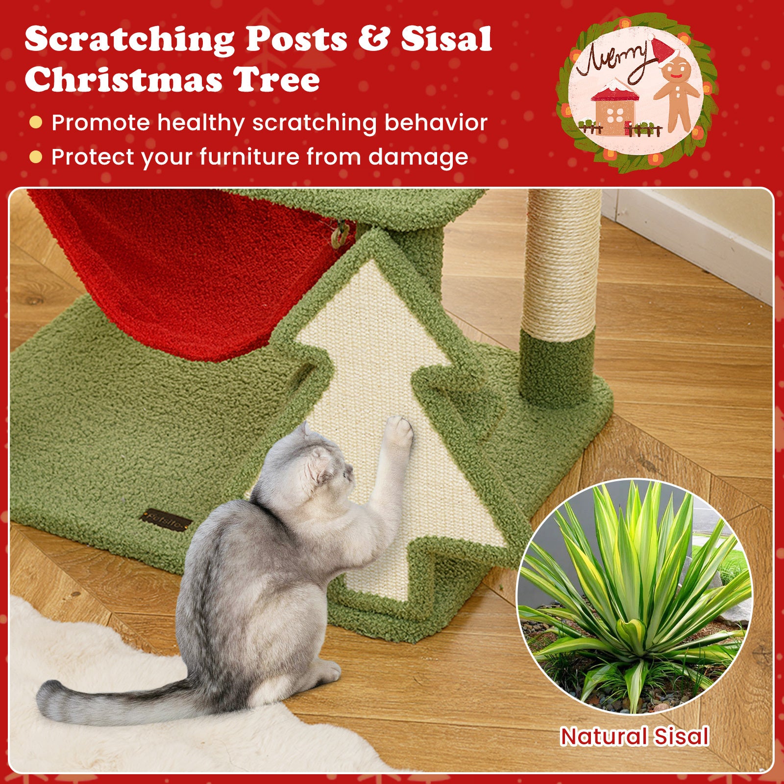 Cat using a scratching post with sisal material, promoting healthy scratching behavior.