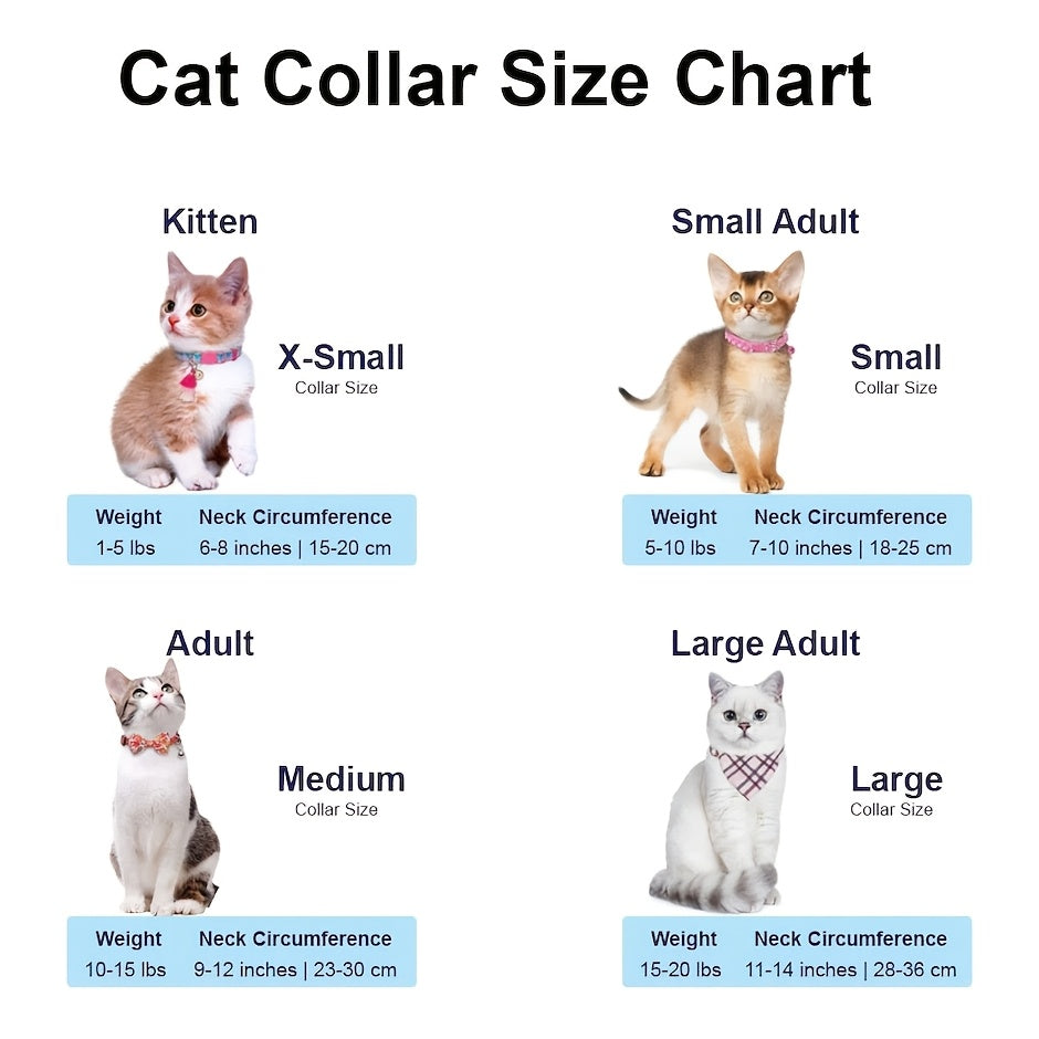 Cat collar size chart with images of cats and corresponding measurements.
