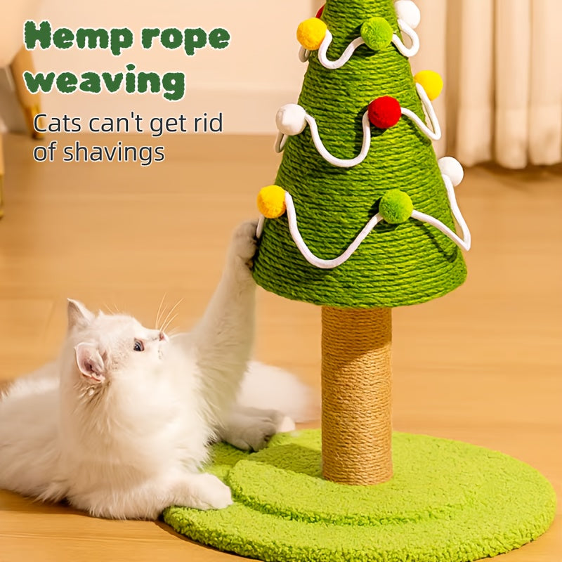 Cat playing with a green cat tree toy with hemp rope weaving on a wooden floor.