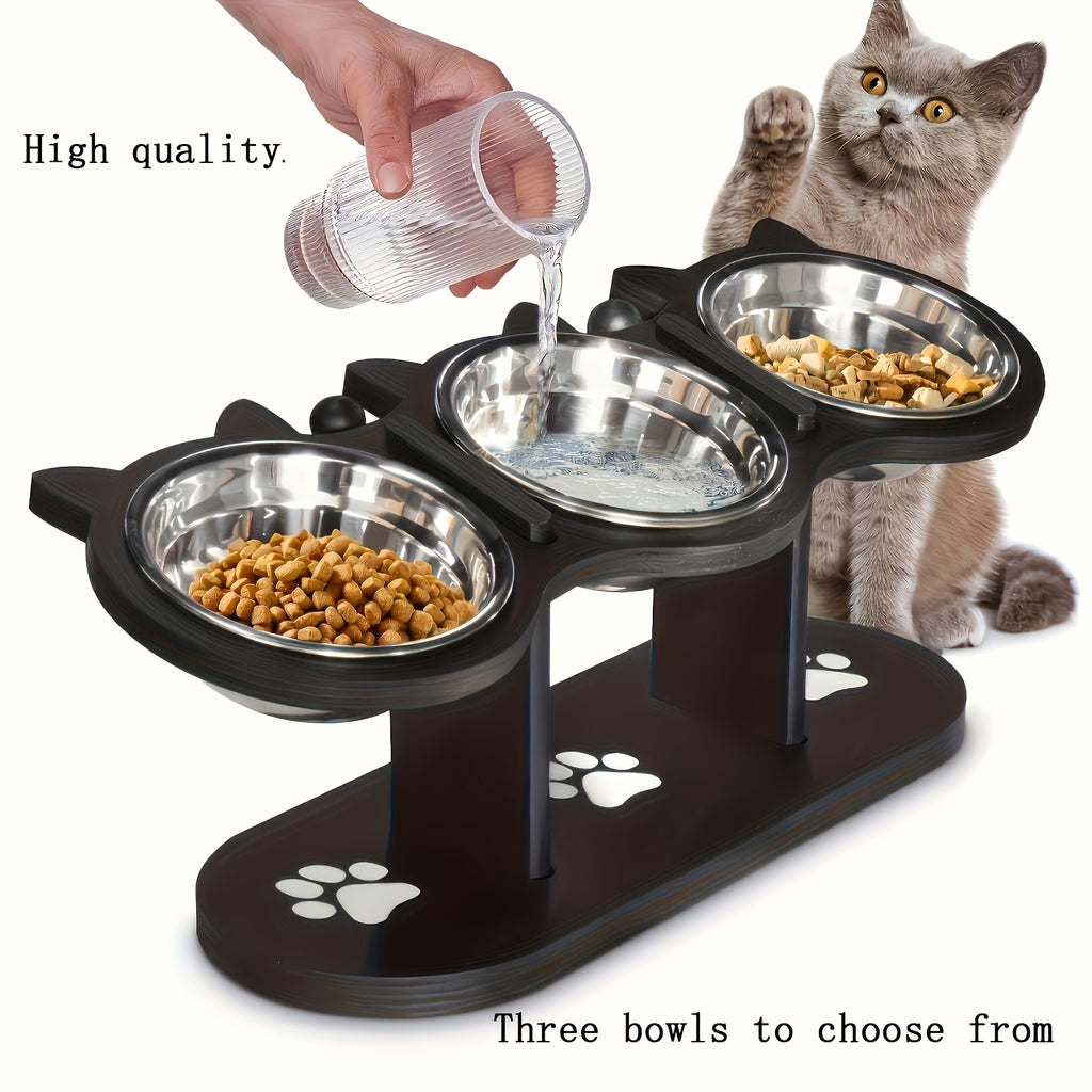 Pet feeding station with three bowls and a cat observing, with text indicating high quality and multiple bowl options.
