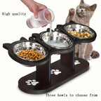 Pet feeding station with three bowls and a cat observing, with text indicating high quality and multiple bowl options.