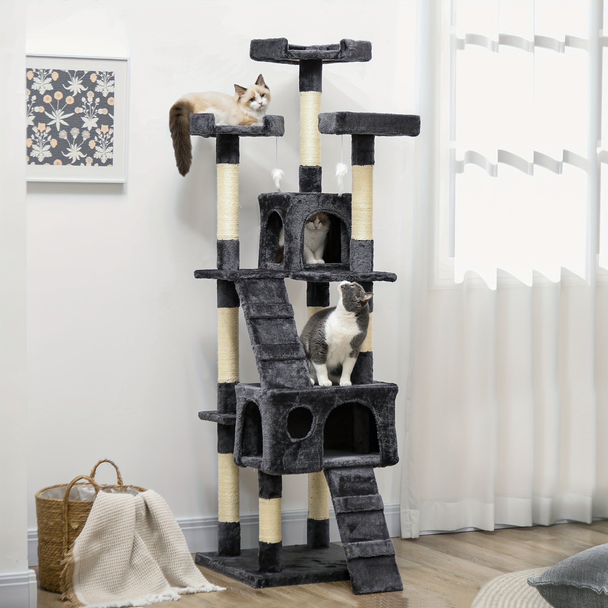 Cat tree with multiple levels and a cat sitting on each level in a room.