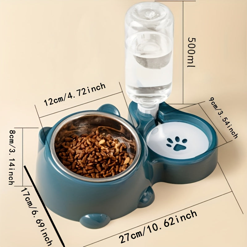Pet feeding and water station with dimensions on a beige background