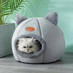 Gray pet bed with cat ears and a small white cat inside, on a wooden floor with a green plant in the background.