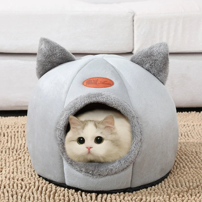 Cat peeking out from a gray pet house with cat ears on a beige carpet.