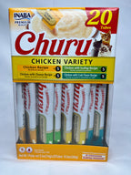Box of Churu chicken-flavored snacks with visible branding on a white background