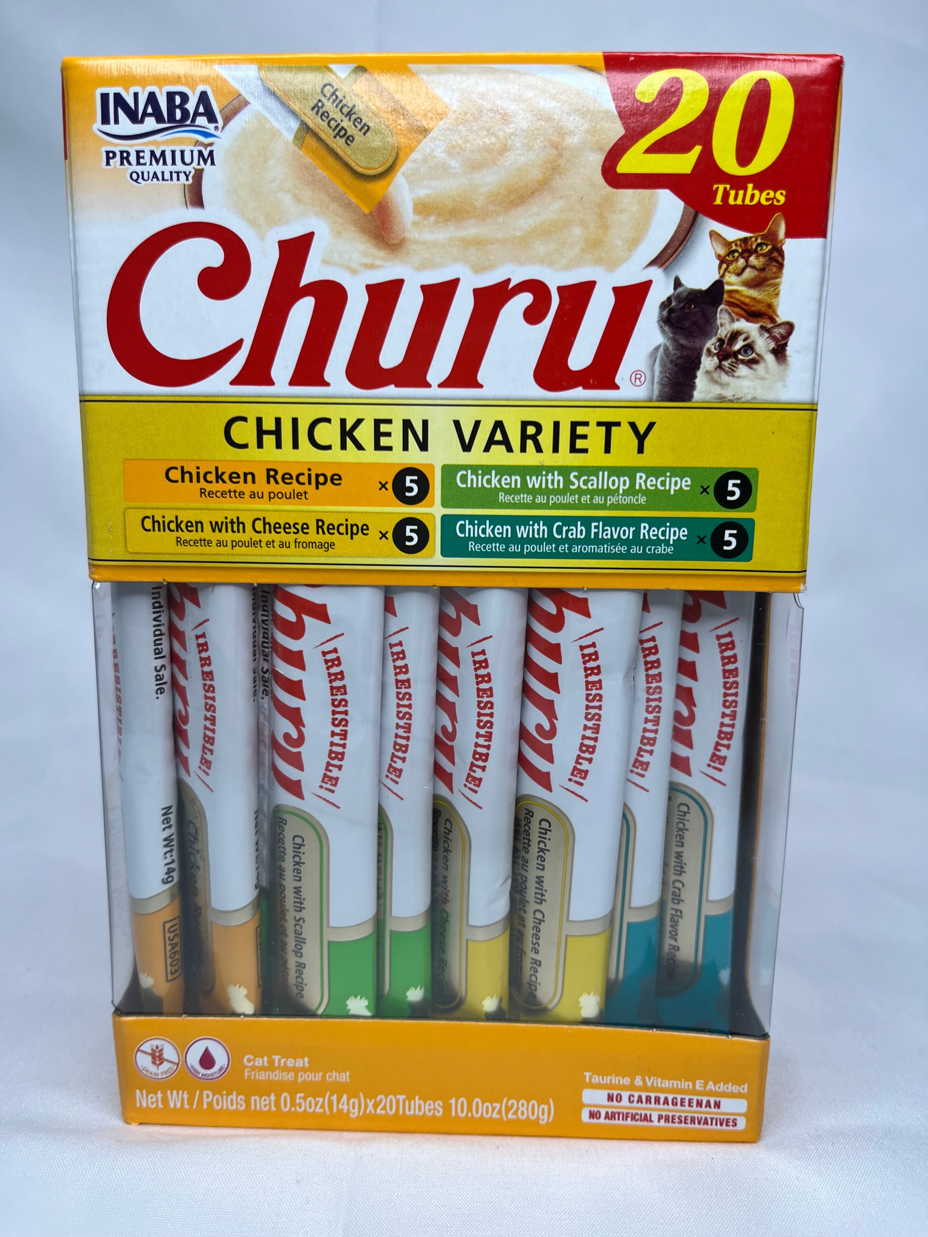 Box of Churu chicken-flavored snacks with visible branding on a white background