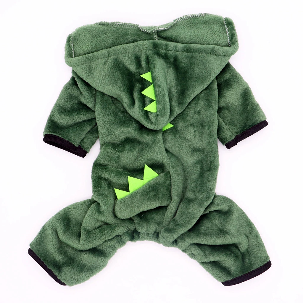 Green dinosaur costume with hood on a white background