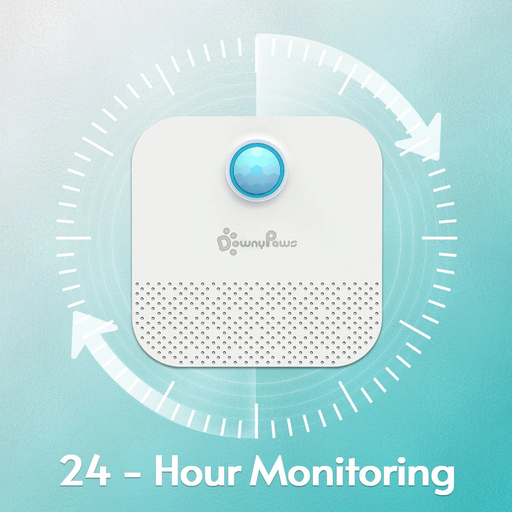 White square device with blue circular light on a light blue background, featuring 'Downy Paws' branding and '24-Hour Monitoring' text.