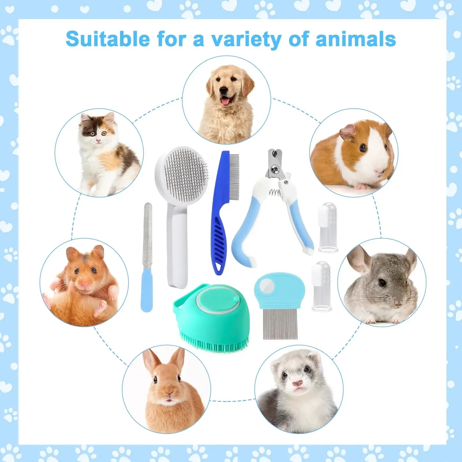 Set of pet grooming tools with images of various pets on a blue background.