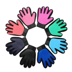 Set of six colorful grooming gloves arranged in a circle on a white background