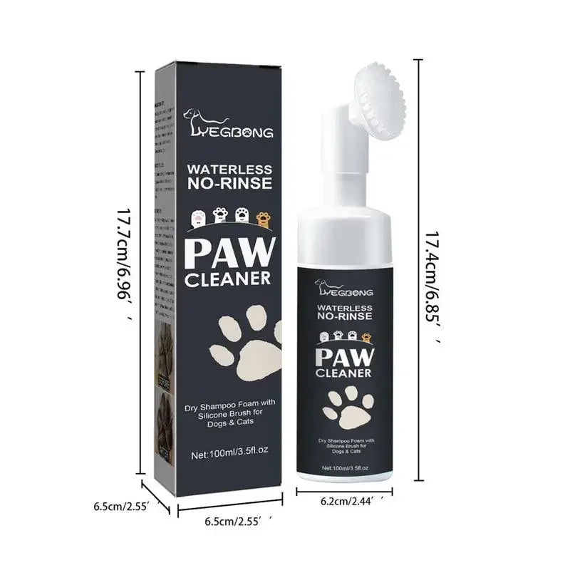 Dog paw cleaner with packaging and dimensions displayed