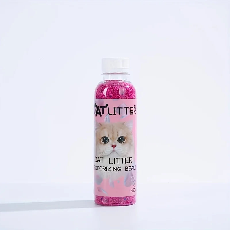 Bottle of cat litter with a pink label featuring a cat on a white background