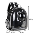 Black pet backpack with transparent bubble design and measurements on a white background
