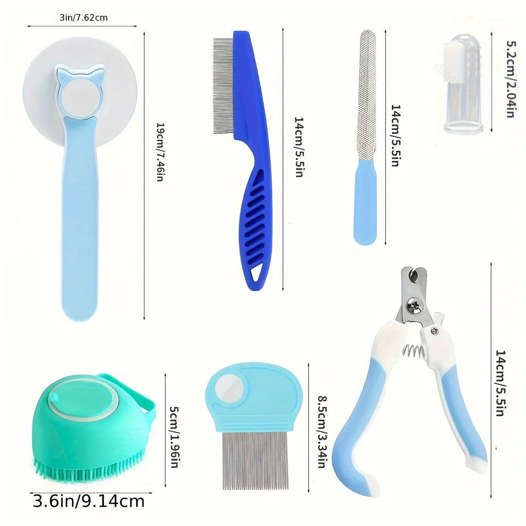 Set of pet grooming tools with dimensions on a white background