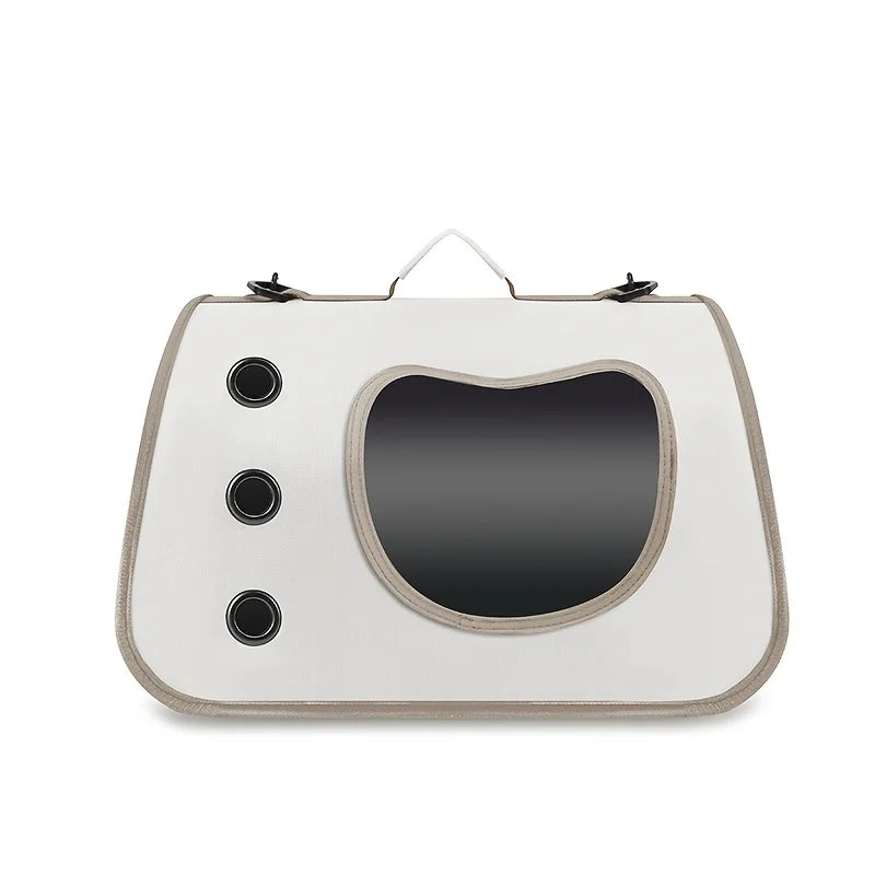 White pet carrier with a black interior on a white background