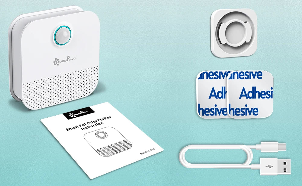 Smart pet collar familiarization kit with device, adhesive strips, and instructions on a light blue background.