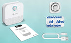 Smart pet collar familiarization kit with device, adhesive strips, and instructions on a light blue background.