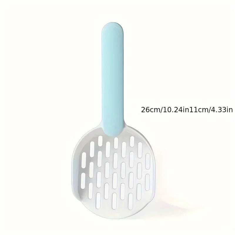 Cat litter scoop with a light blue handle on a white background