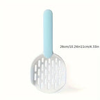 Cat litter scoop with a light blue handle on a white background