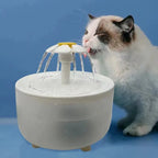 Cat drinking water from a pet fountain on a blue background