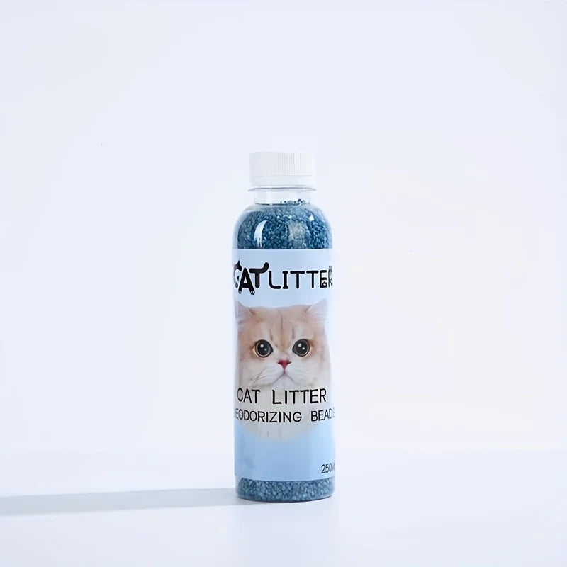 Bottle of Cat Litter with a cat's face on the label against a white background