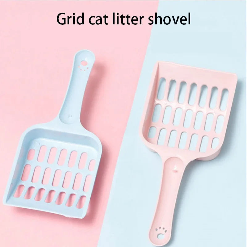 Two grid cat litter shovels, one blue and one pink, on a pink and blue gradient background.