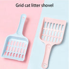 Two grid cat litter shovels, one blue and one pink, on a pink and blue gradient background.
