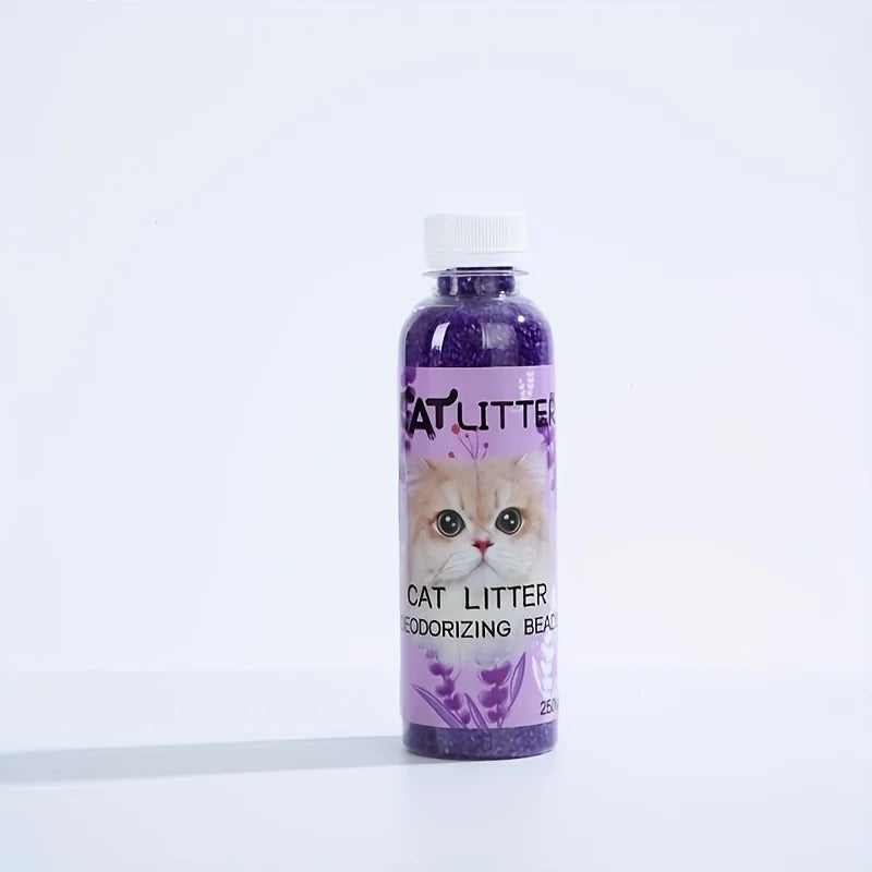 Bottle of cat litter with a purple label on a white background