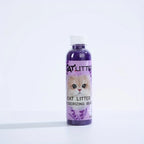Bottle of cat litter with a purple label on a white background