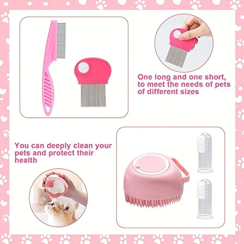 Pet grooming tools set with pink handles on a pink background with paw prints.