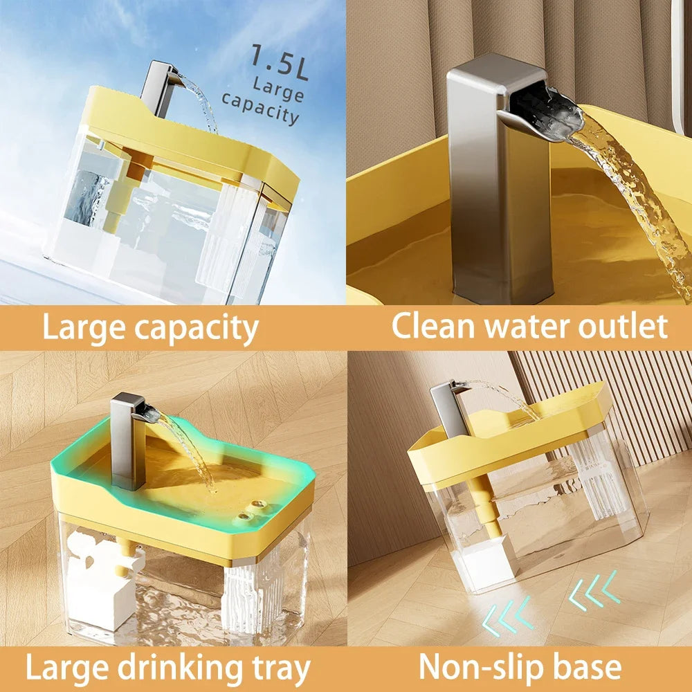 Collage of a water dispenser with features highlighted on a wooden surface.