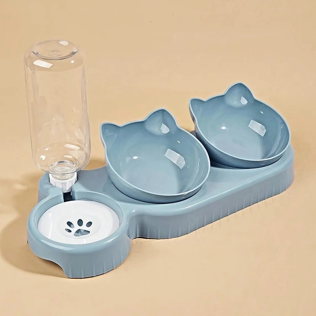 Pet feeding station with two bowls and a water bottle on a beige background