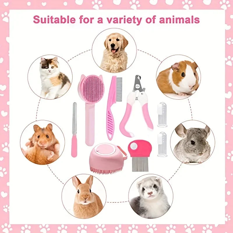 Pet grooming tools with images of various animals on a pink background