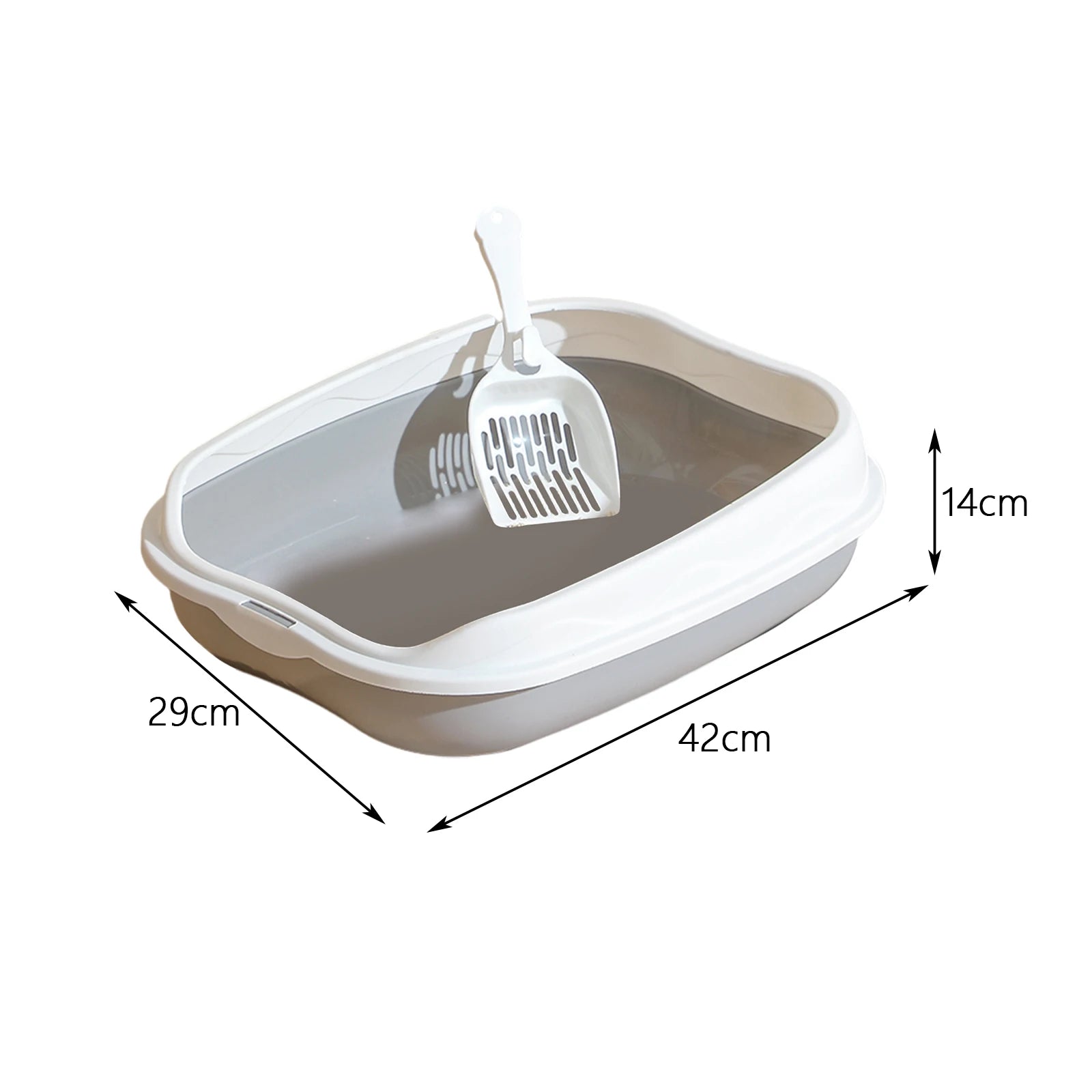 Cat litter box with scoop and dimensions indicated on a white background