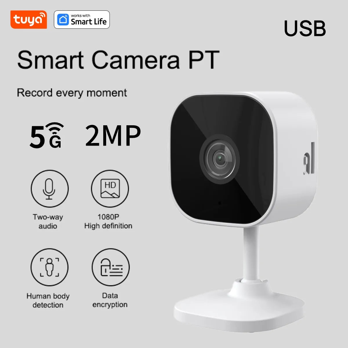 Smart camera PT with Tuya and Smart Life branding on a gray background