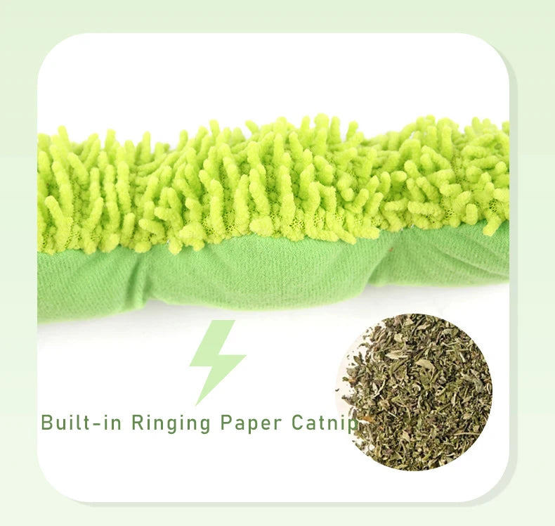 Green catnip toy with text indicating built-in paper catnip on a light green background
