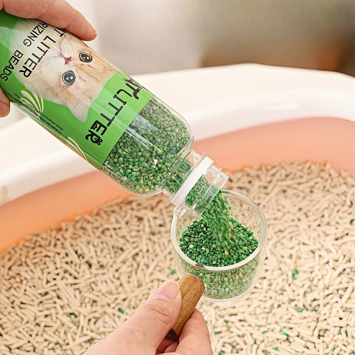 Person pouring green cat litter into a small container with a bottle labeled 'Litter Bees'.