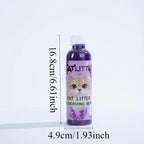 Purple bottle of cat litter with dimensions labeled on a white background