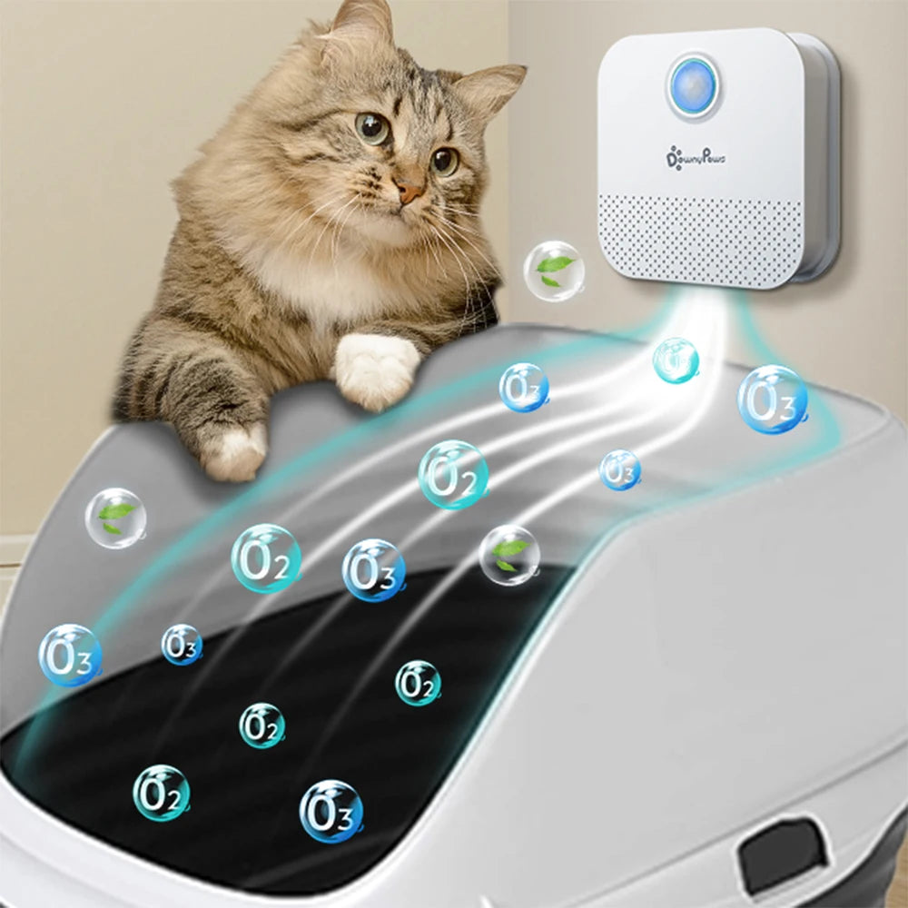 Cat interacting with a device labeled 'PurinPet' on a beige wall.