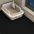 Cat litter box with scoop on a black mat next to a window