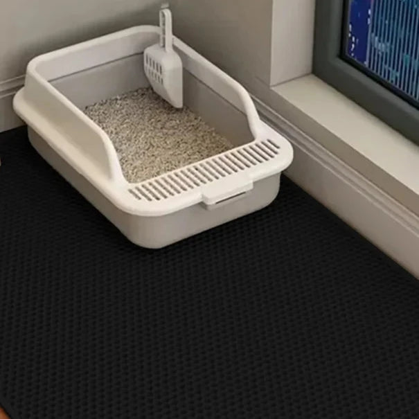 Cat litter box with scoop on a black mat next to a window