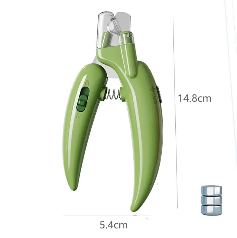 Green pet nail clipper with measurements on a white background