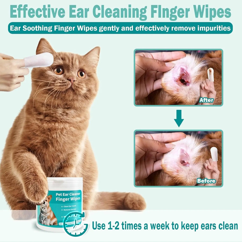 Cat with ear cleaning wipes and before-and-after images of cleaning ears.