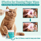 Cat with ear cleaning wipes and before-and-after images of cleaning ears.